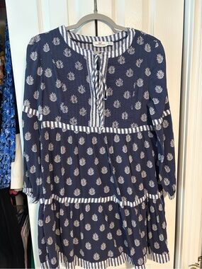 Vineyard Vines Navy and White Leaf-Print Tiered Dress